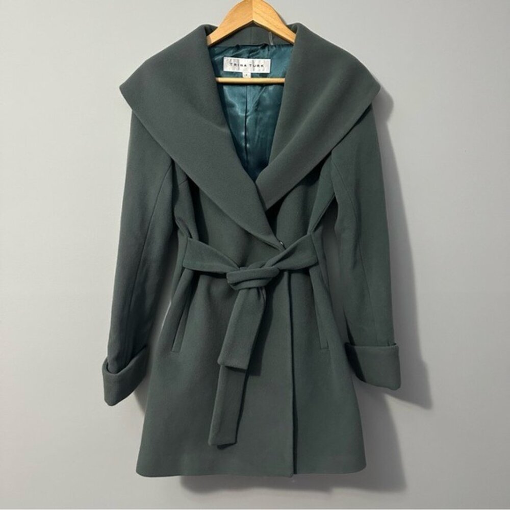 Trina Turk Wool Blend Wrap Coat Green Size 6 Quiet Luxury Forestcore Chic - Picture 3 of 13